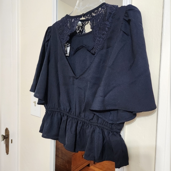 Express Navy Blue Lace Open Back Top Blouse - Picture 7 of 10